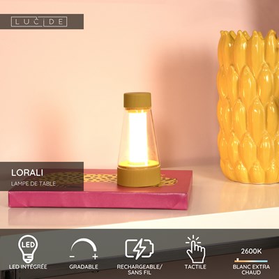 Lucide LORALI - Lampe de table Rechargeable Intérieur/Extérieur - Batterie/Piles - Ø 7,7 cm - LED Dim. - 1x1,2W 2600K/3000K - IP44 - Jaune Ocre